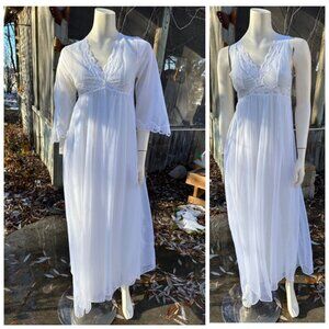 70s Slumber Suzy White Nylon Peignoir Set Gown Robe Chiffon Layers Bell Sleeve B